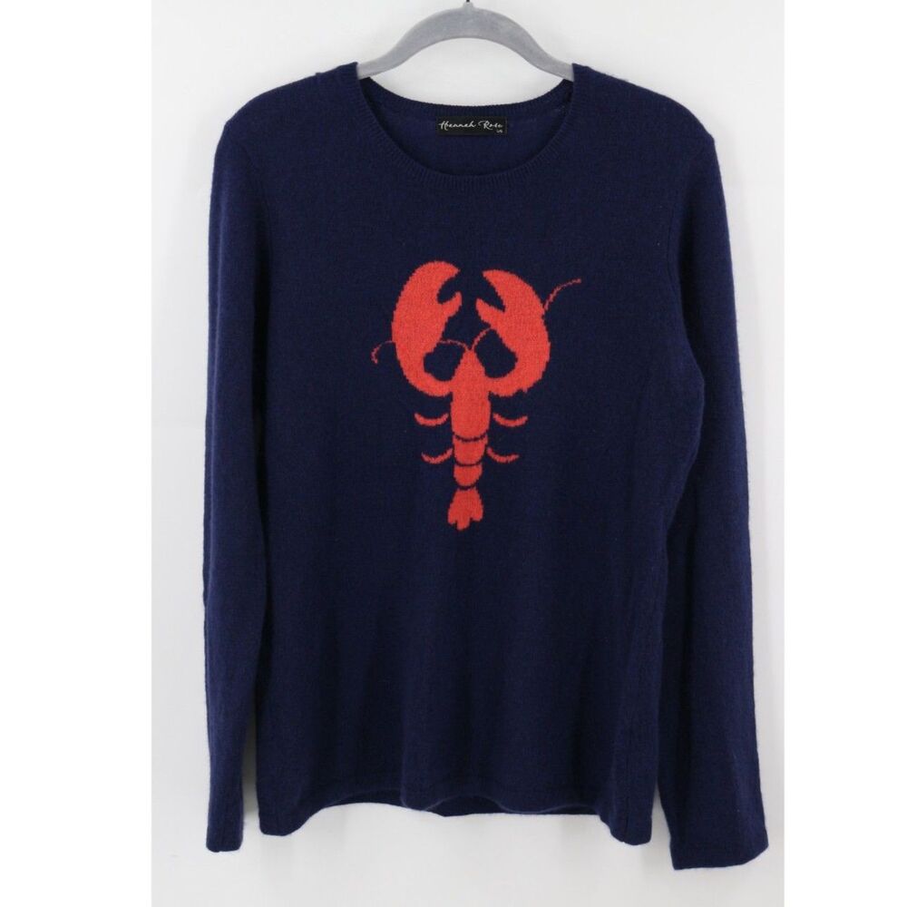 Hannah Rose Womens 100% Cashmere Sweater Size Large Blue Red Lobster Nautical